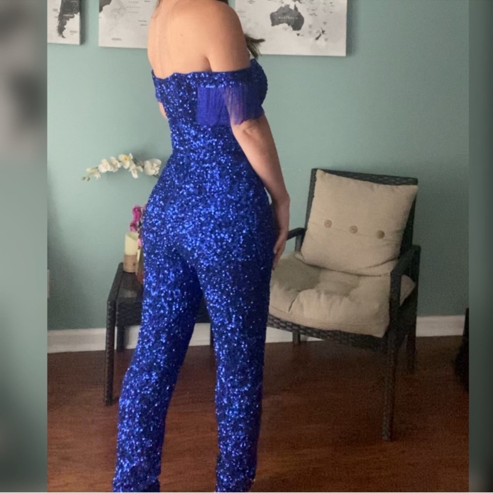 Sparkly blue jumpsuit alternative prom dress, pageant fun fashion runway talent - Picture 4 of 4